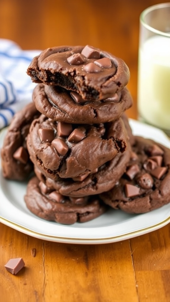 Stack of triple chocolate cookies with chocolate chunks on a plate, next to a glass of milk.